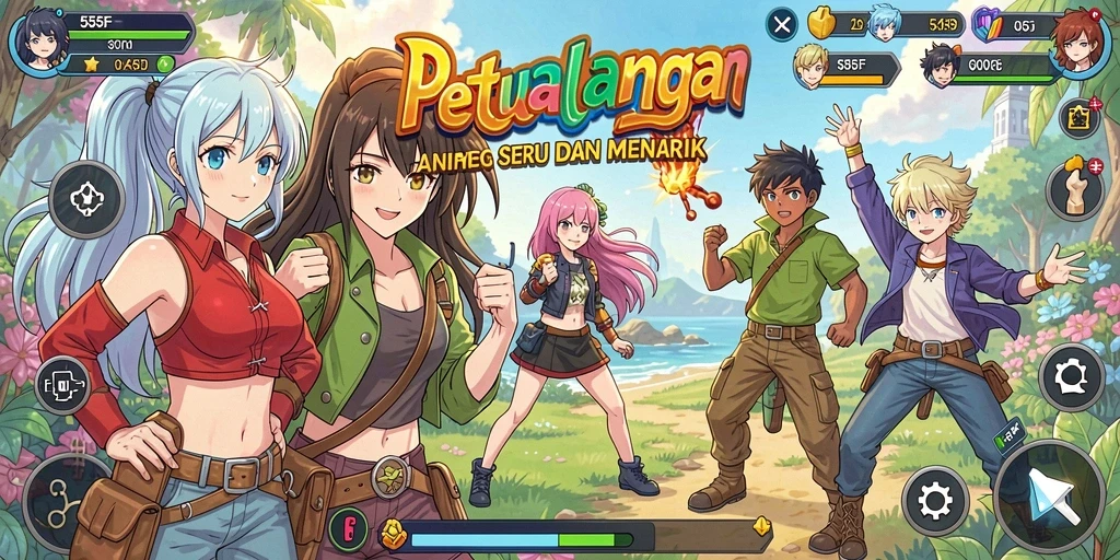 Tampilan menarik dari gameplay 555F dengan karakter anime yang beraksi.
