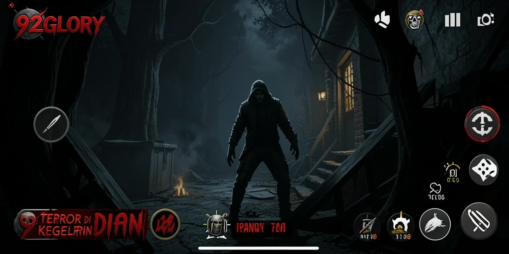 Tangkapan layar utama 92GLORY menampilkan suasana mencekam dan gameplay yang menyeramkan.