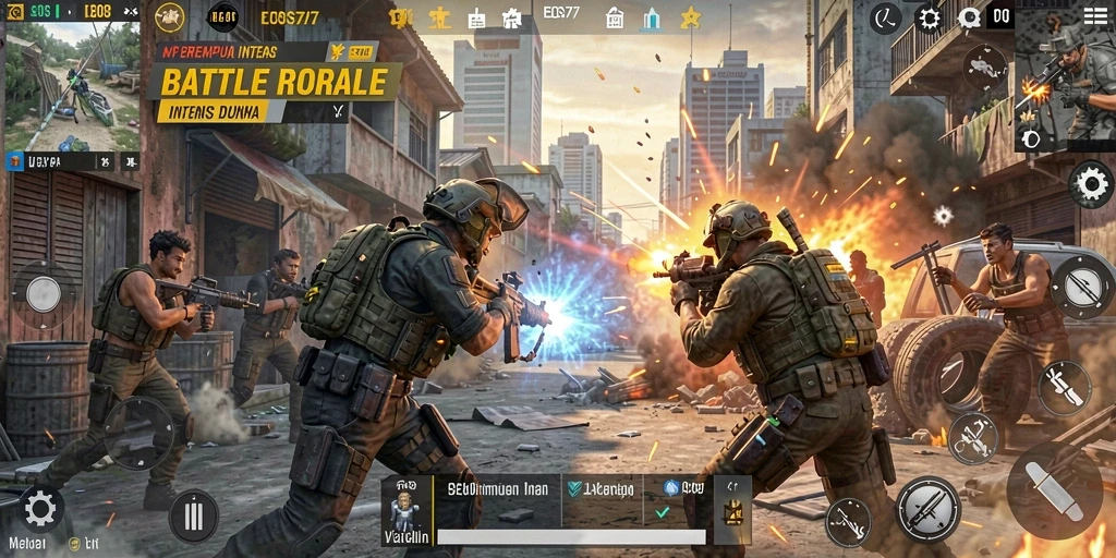 Tampilan gameplay intens dari EOS77 dalam pertempuran Battle Royale.