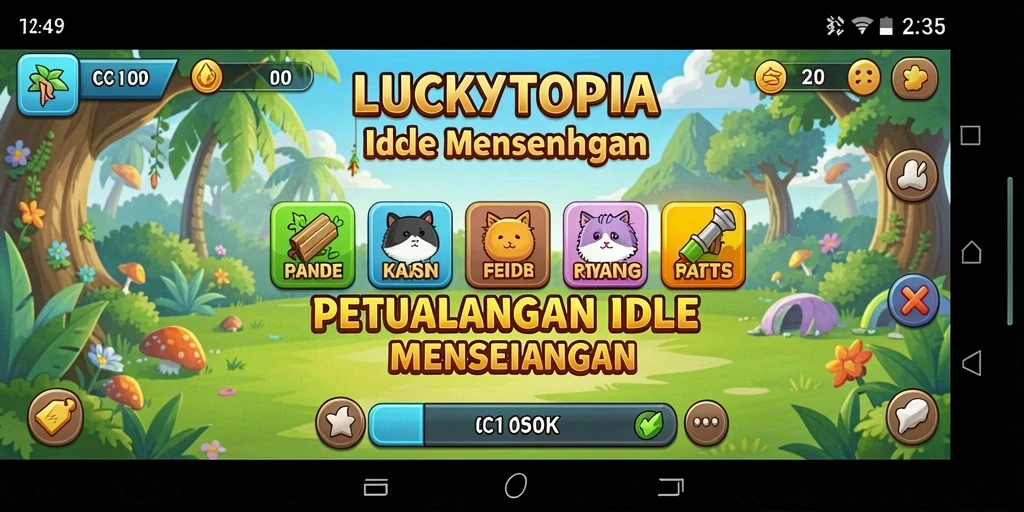 Tampilan gameplay seru menggambarkan pulau yang sedang berkembang dalam <strong>LUCKYTOPIA</strong>.